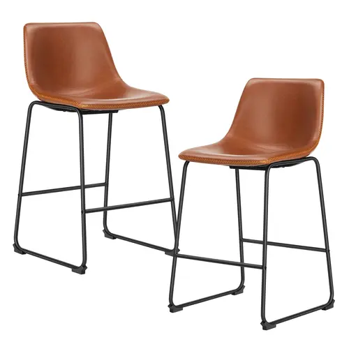 Counter Height Bar Stools Set of 2, Modern Faux Leather High Barstools with Back and Metal Leg, Bar Chairs for Kitchen Island, Modern Upholstery Barstools, Bucket Seats