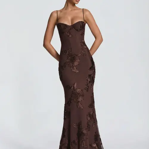 LikeMyChoice Women's Solid Color Lace Backless Tie Up Bodycon Maxi Dress Sheer Embroidery Evening Party Dress