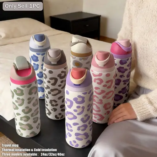 Colorful Leopard Print Stainless Steel Water Bottle, 24 oz / 32 oz / 40 oz Double-Wall Insulated Sports Flask, Vacuum Thermal Travel Cup with Straw, Tumbler, Vacuum Insulated Thermos, Drinkware, Drinkware Stylish Flasks