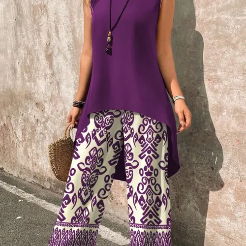 Women's Sleeveless Top & Wide Leg Pants Set, Casual Boho Bohemian Fashion Print, Chic, Comfortable Daily Wear, Stylish Women's Clothing