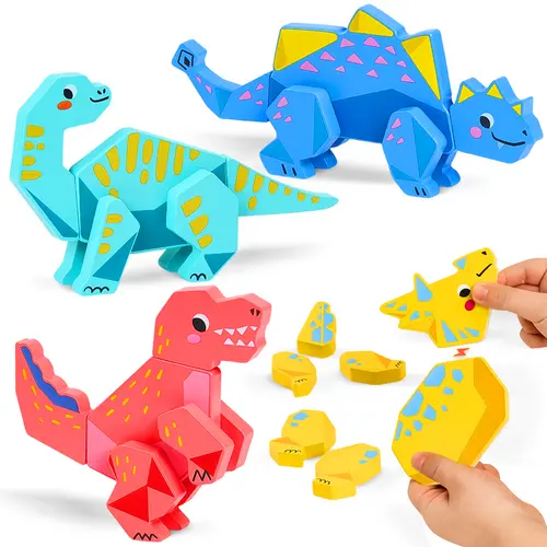 JoyCat Unisex Magnetic Wooden Building Block Set - Montessori STEM Early Learning Fine Motor Kids Toys with Smooth Wood Edges for Toddlers 1-3, Creative Magnetic Blocks, Open-Ended Play, Fun Birthday Dinosaur Gift (Build 1-4 Dinosaurs or New Combos)