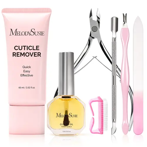 MelodySusie Cuticle Remover Kit,60g Cuticle Remover Cream 15ML Cuticle Oil,Cuticle Nipper Trimmer Pusher, Nail File and Brush for Cuticle Softener & Moisturize Manicure Kit for Nail Care #SohoChic