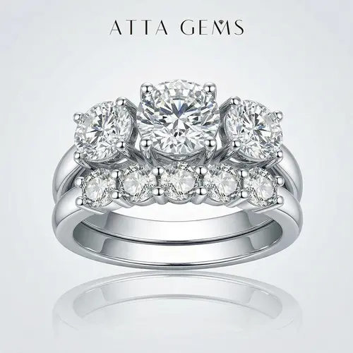 ATTAGEMS 3-Stone Stunning Ring Set - VVS1 Flawless Lab-Created Moissanite, 14 Karat Gold Plated, Female Modern Artificial Gemstone Rings, Versatile Jewelry Set, Tester-Passing Travel Engagement Promise Fine Jewelry RU02, Women