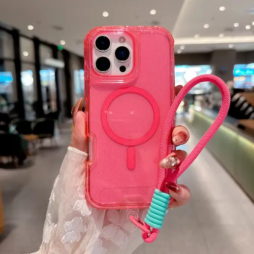 TPU Magnetic 3-in-1 Transparent MagSafe Protective Casing Protector with Glitter, Hand Strap & Privacy Tempered Glass Screen Protector - Anti-Drop, Shockproof Cover for iPhone 17/16/15/14/13/12 Pro Max Plus, Magnetic Mount Phone Accessory