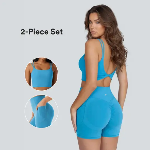 Halara 2-piece Halara UltraSculpt Double Straps Twisted Backless Cropped Yoga Tank Top & UltraSculpt High Waisted Scrunch Butt Lifting Tummy Control Side Pocket Shaping Workout Biker Shorts 5''&7 #BackToSchool