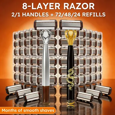 Men's Luxury Shaver Set - 1/2 Handle + 72/48/24 Razor Blade Heads, 8-Layer System, Ergonomic Precision-Crafted Design, Multi-Blade 6-Layer Shaving Tool Sets for Facial Hair Grooming, Ideal Gift, 6-Layer Blade Shaving Tool Sets, Razor Blade And Handle Shav