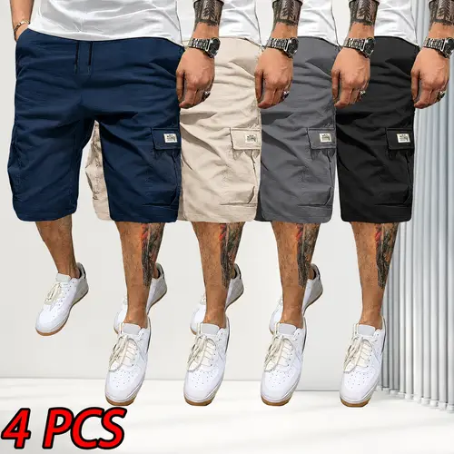 URMCZ Men's 4-Piece Fitted Matching Woven Shorts Set - Casual Chic Summer Drawstring Assorted Color, 100% Polyester Lightweight, Slanted Multipockets, Versatile Workwear & Everyday Wear (Brown, Black, Green, Pink) Fathers' Day Gift