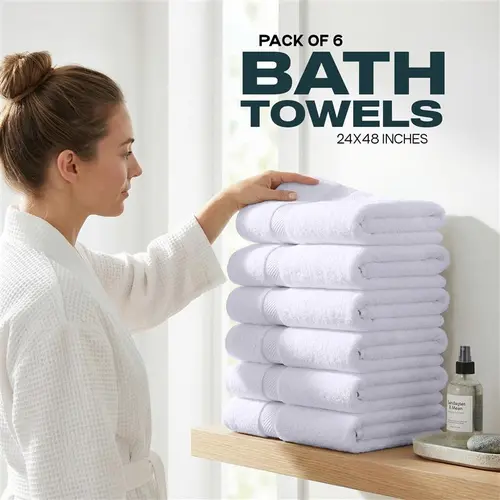 6-Pack Hotel-Quality Cotton Bath Towels Bulk Set, 24x48 in, Ultra Soft, Quick-Dry, Absorbent Breathable Super Absorbent Towels for Unisex Users, Guest Bedroom, Pool/Spa/Gym