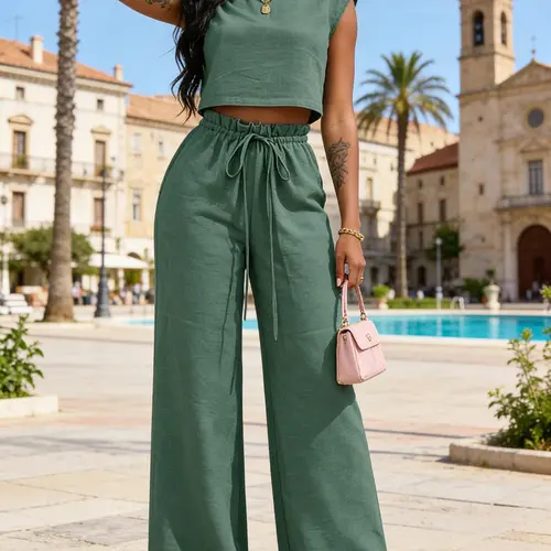 Women's Linen Breathable 2 Piece Set, Sleeveless Crop Top & Wide Leg Pants, Drawstring Waist, Summer Vacation, Beach Resort Wear, Effortless Chic Style