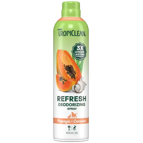 TropiClean Papaya + Coconut Deodorizing Pet Spray - 3X Long-Lasting Scent, Odor Eliminator, Dog Perfume, Dog Deodorizing Spray, After Bath Dog Cologne, Detangling Spray with Vitamin E, 10oz