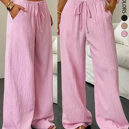 Women's Casual Solid Color Textured Fabric Drawstring Adjustable Loose Wide Leg Pants,Women's Casual Simple Long Pants, Comfortable and Stylish, Perfect for Daily Wear, All Seasons, Casual Streetwear Trousers, Casual Comfy Trousers
