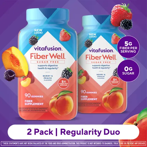 [Vitafusion] 2x Fiber Well Sugar Free Gummies - Regularity Duo - 5g - Berry & Peach Flavor Fiber Gummies - Supports Digestive Health & Regularity - 180 Gummies - 2 Pack
