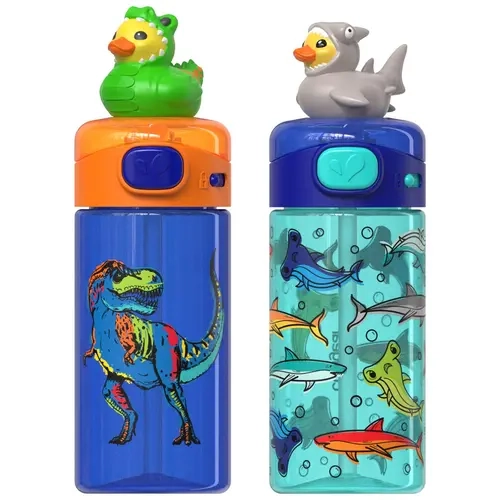 COOL GEAR Kids 2-Pack 20 oz Pop Topper Tumbler Water Bottles, Mix-and-Match Character Lid, BPA-Free Reusable Drink Cup