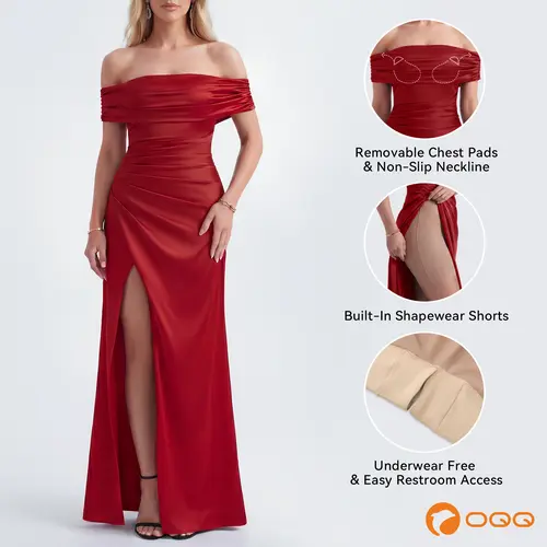 OQQ Women's Fitted Stretch Satin Ruched Off-Shoulder Bodycon Formal Gown - Built-in Shapewear, High Slit, Sexy Party, Birthday Outfits, Formal Wedding Guest Attire, Women's Dresses
