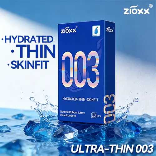Zioxx 003 Ultra Thin Adult Condoms, Natural Rubber Latex, Hyaluronic Acid Lubricated for Hydration, Skinfit, Smooth, Soft, Silky HA Glide, Sensitive Touch, Secure, Low Odor, Easy to Clean, 10 Pcs#sohochic