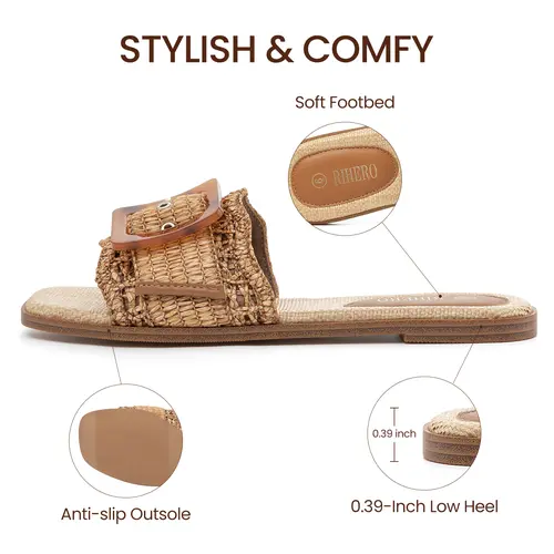 Rihero Women's Woven Raffia Sandals, Casual Square Toe Slides with Adjustable Buckle, Non-Slip Flat Footwear for Summer, Casual Outdoor Sandals, Women's Sandals