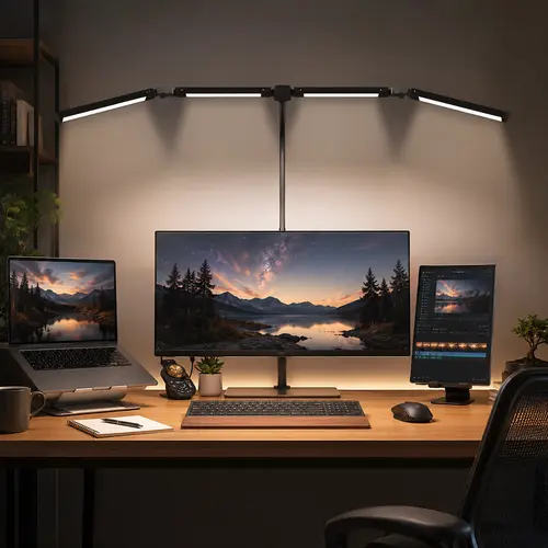 Clip-On Adjustable LED Desk Lamp - Clamp Base, Flexible Neck, 4 Large Eye-Caring Light Sources, Stepless Dimming, Remote-Controlled Color Temp, 5 Lighting Modes, Mood Lighting for 90-Inch Wide Desk Draw Use, Unwind, Child Reading
