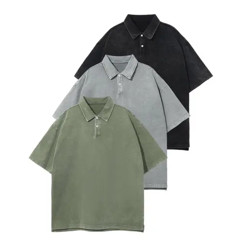 Gihuo Unisex 3PCS Mens Polo Shirts Cotton Acid Wash Oversized Tshirts Vintage Short Sleeve Baggy Tees Top Casual Biker Beige Plain Short Sleeve Womenswear Streetwear Tropical T-Shirt outfit Shortsleeve Classic Breathable Loose Khaki