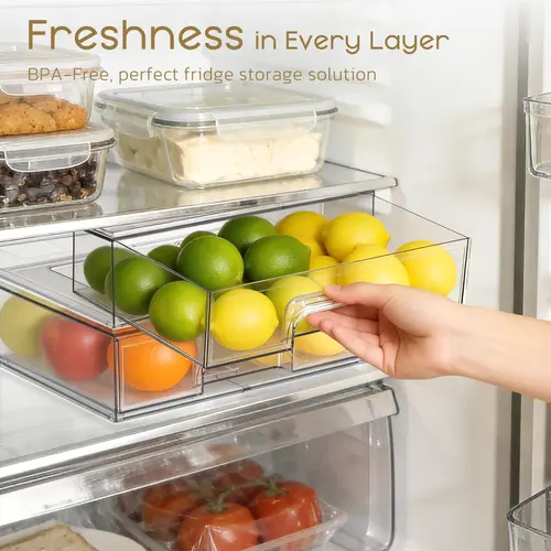 Criusia Stackable Refrigerator Organizer Plastic Boxes - BPA-Free, Reliable Storage Bins for Fruit & Veggies, Dressing Tables - 1 Wide & 2 Small Packs, Space-Saving Home Organizer, Dorm Essentials