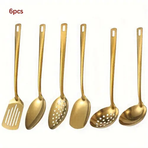 Stainless Steel Utensils 6-Piece Bundle Set Spatulas & Turners - Gold, Black, Silver Multi-Piece Set, Includes Serving Spatula, Rice Spoon, Skimmer, Soup Spoon, Mirror-Polished, Dishwasher Safe for Buffets, Gatherings