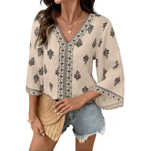 Shewin Women's Blouse V Neck Paisley Border Print Loose Fit Flare 3/4 Sleeve Viscose Fabric for everyday casual DealsForYouDays,summerwins,summeroutfits,vacationoutfits,beachoutfits Womenswear Vneck Polyamide,back to school,back to school shopping,sohochi
