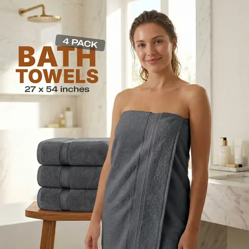 Unisex 4-Pack Ring-Spun Cotton Absorbent Towel Set - 27x54in Large Size Bulk Towels, Quick Drying, Machine Washable Easy Care for Bathroom, Gym Home Essentials