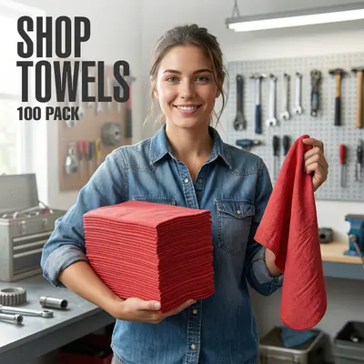 100-Pack Cotton Shop Towels (12x14in) - Soft, Durable for Tough Jobs, Absorbent Washcloths, Easy Clean Washable, Unisex Multipurpose Cloth for Garage, Kitchen Cleaning Needs, Water Absorbent