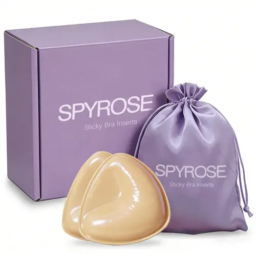 SPYROSE Women's Self-Adhesive Triangle Sticky Push-Up Bra with Inserts - Waterproof, Sweatproof, Reusable Strapless, Instant Lift, Smooth, Soft, Comfortable, Lightweight, Storage Bag for Backless Dresses, Prom Outfits, Natural Look, Bra Accessories