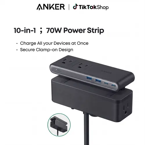 【10-in-1 Desk Clamp】Anker Nano Power Strip, 1500J Surge Protection,5 ft Extension Cord, 70W Max Gaming Desk Accessory, 6 AC, 2 USB A, 2 USB C, Home Office Essential, Fitts 0.6 - 1.8" Tabletop Edge (Usb Port Gadget, Usb A Ports, Multiple Usb Port) sohochic