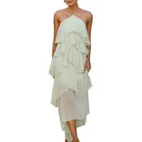 Aprilake Women's Summer Frill Halter Neck Flowy Chiffon Sundress A-Line Tiered Ruffle Long Maxi Formal Wedding Dress