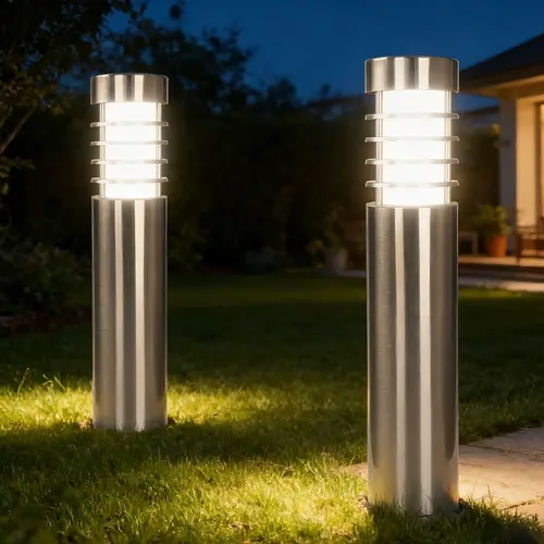 Hourleey 2-Pack 27in Stainless Steel Solar Path Bollard Lights, Outdoor Bright LED Guides Paths, Solar-Lit Pathway Lighting, IP44 Rated for Year-Round Outdoor Use, Waterproof White Decor for Patio Yard Driveway