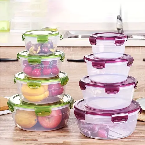 Purple & Green Transparent 8-Piece Kitchen Food Storage Containers Set - 4 Bases, 4 Lids, Microwave-Safe Round, Meal Prep Organiser, Bento-Ready Bins, Lunch-Pack Easy, Fruit/Veg/Meat Fit, Kitchen Supplies for Fridge Organization, Kid Lunch Packing,sohochi