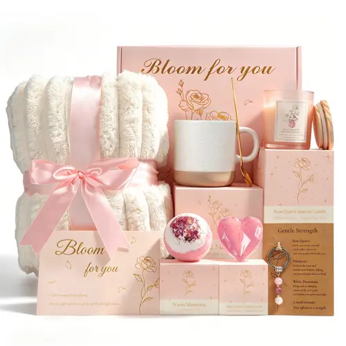Women's Soothing Stress Relief Self-Care Gift Basket with Blanket - Pink SPA Relaxation Box, All-Occasion Set for Mom, GF, Anniversary (Targeting Bestie, Sister, Daughter),sohochic