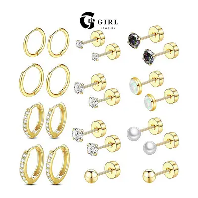 GGIRL 11 Pairs Earrings Set 18K Plated Stainless steel for Multiple Piercing Sensitive Ears Stainless steel Hypoallergenic Small Cartilage Huggie Hoop Artificial zirconium Earrings Chic Gorgeous Jewelry As Gift for Girlfriend, Elegant Minimalist Earring,