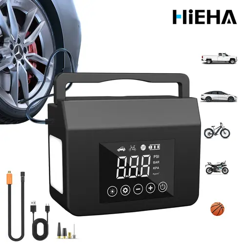 【HiEHA】2026 3-in-1 Cordless Digital Automotive Vehicle Tire Inflator - 2500A Cold Start Jump Starter, 8000mAh 150PSI Power Bank, LED Flashlight SOS Light, Car Repair Tool Accessory for Vehicles & Phones