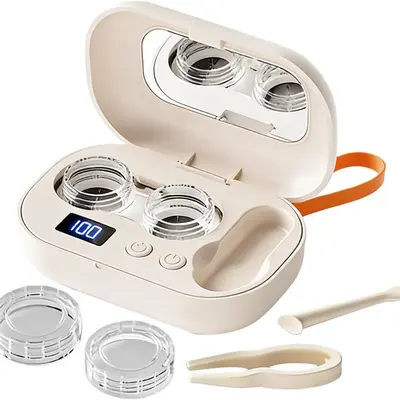Ultrasonic Rechargeable Contact Lens Cleaner with Vanity Mirror - Portable Cleaning Case for Hard & Soft Lenses, 2 Cleaning Modes, Deep Daily Cleaning for Travel, Sports, Office & Home
