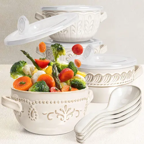 Artena Retro Embossed French Onion Soup Ceramic Tableware Set - 4-Piece 20oz Food Grade Deep Bowls with Lids, Handles & Spoons, Oven Safe for Meal Prep, Chili, Stew, Ideal for Cozy Dinners, Ceramics Tableware, Food Grade Tableware,sohochic