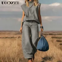 UOOZEE Women's 2-Piece Basic Vintage Denim Set - Comfortable Loose Fabric Cropped Mock Neck Cap Sleeve Strappy Top & Flowy Wide-Leg Pants for Evening, Everyday Wear