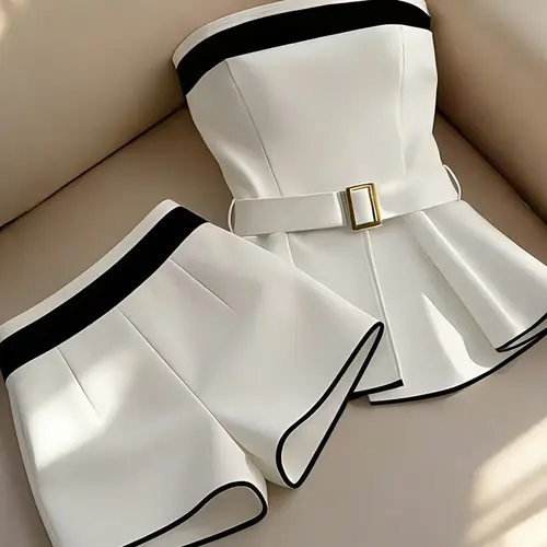 Women's Elegant Colorblock Top & Skinny Shorts Set, Perfect for Evening Date, Office and Daily Wear, Stylish and Comfortable Womenswear