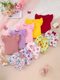 10 Pcs Baby Girl Cute Casual Soft Comfortable Fabric Sleeveless Bow Top & Rose Sunflower Print Shorts Set