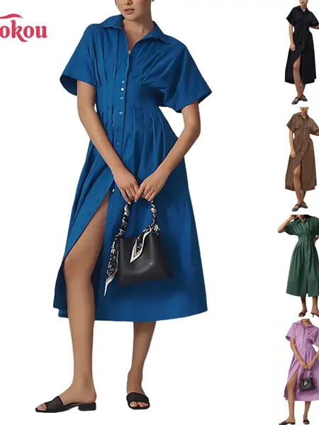 Yeokou Women's Basic Polyester Short-Sleeve Pleated A-Line Maxi Dress, Casual Women's Clothes with Side Pockets, Elegant Versatile Layering Dress for Summer Autumn Daily Outfits