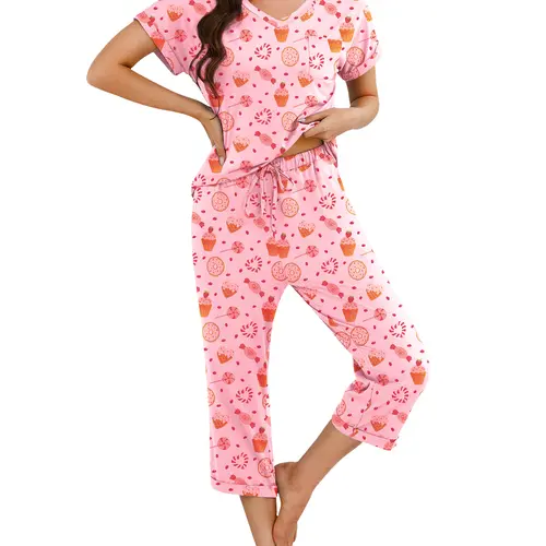 MARVMYS Women's 2-Piece Cute Pajama Set - Short-Sleeve Deep V-Neck Top, Printed Capri Pants, Relaxed-Fit Polyester Nightwear with Elastic Waist, Pockets, Cake Print