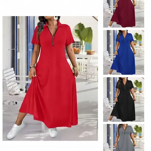 Women's Comfy Short-Sleeve Quarter-Zip Knit Polo Maxi Dress - Basic T-Shirt-Inspired, Cute Swing, Sporty Chic, Smooth Adjustable Breathable Polyester Pullover for Everyday, Beach Wear (Multiple Colors)