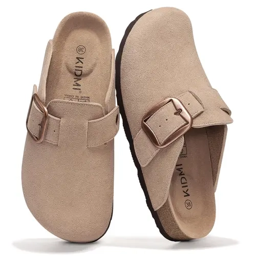 KIDMI 100% Genuine Suede Clogs for Women Classic Men Clogs WIith Memory Foam Cork Footbed Potato Shoes Slip On Leather Mules with Big Buckle