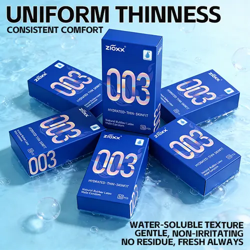 Zioxx 003 Ultra-Fine, Smooth, Soft, Thin Hyaluronic Acid Lubricated Condoms - Natural Rubber Snug Fit, Sensitive Skin Safe, Men's Sexual Wellness, Prop 65 Compliant (10 Pcs)#sohochic