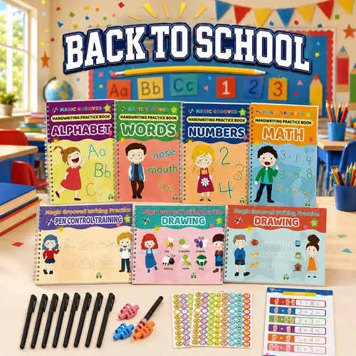 3D Groove Handwriting Book Set for Kids Ages 3-8, Reusable Interactive Book with Disappearing Ink, 6 Copybooks (Numbers, Letters, Math, Drawing Practice, Counting Games) + Pens & Refills, 3D Groove Control, Early Math Practice, Kids Gift Ideas