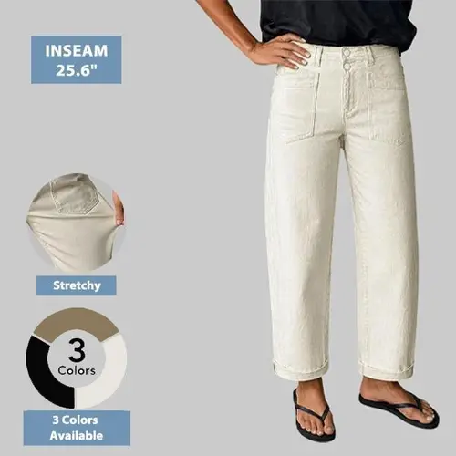 Flamingals Solid Patch Pocket Dual Button High Rise Straight Leg Pants Stretchy 26" Inseam