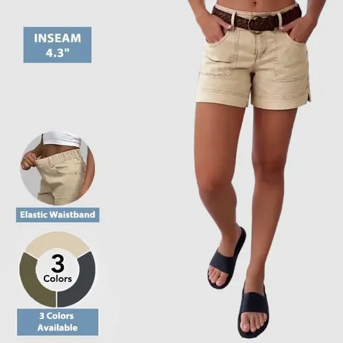 Flamingals Solid Split Side Flap Pocket Elastic Waistband Shorts Womenswear Stretchy 4.3" Inseam