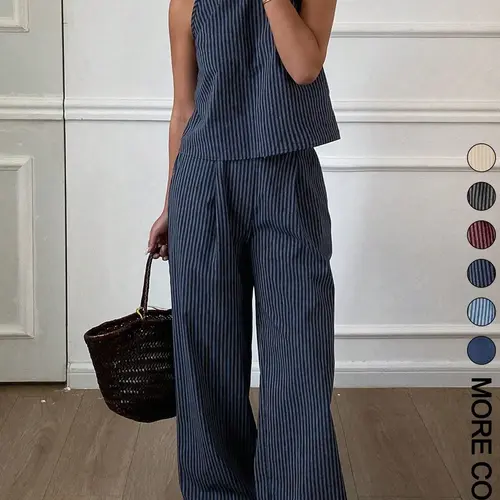 Women's Summer Striped Thin Strap Sleeveless Vest Top & Loose Long Pants Two-Piece Set, matching Outfit, Lightweight Casual Everyday Home Wear, Comfortable and Stylish