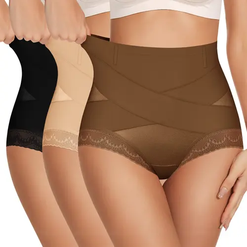 Morelect Women's Highwaist Tummy Control Shapewear Briefs, 2-3 Pack Full Coverage Underwear with Crisscross Front, Anti-Roll Band, Lace-Trim Elegance, Flatter Midsection, Slip-On Design